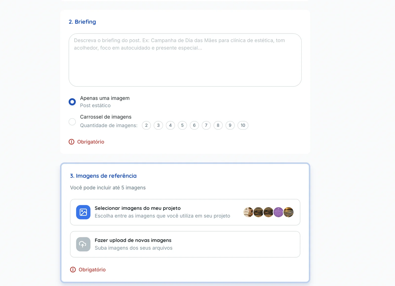 Tela do Flux AI para criar posts com briefing e referências