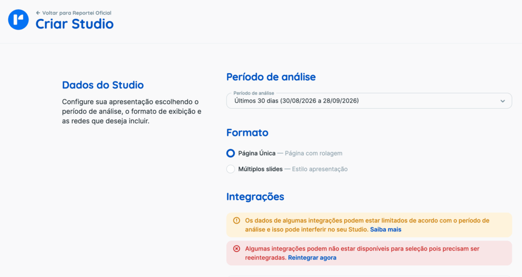 Como criar um novo Reportei Studio