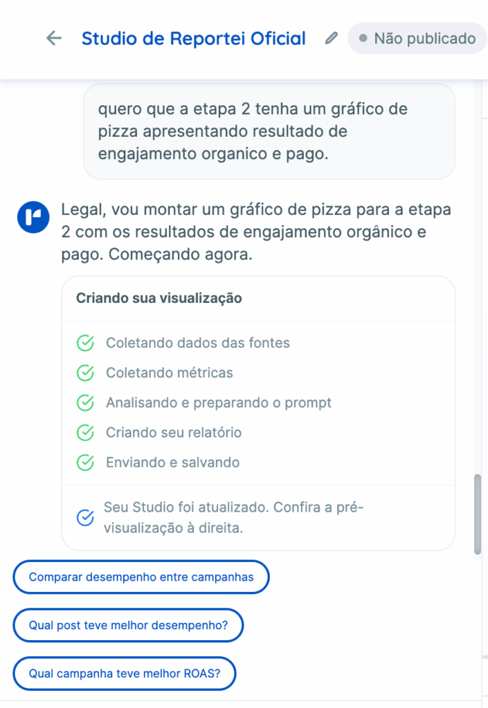 Criação e edição dos relatórios com IA por meio de chat