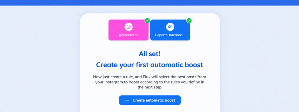 Confirmation screen for automatic Instagram boosts in Reportei Flux