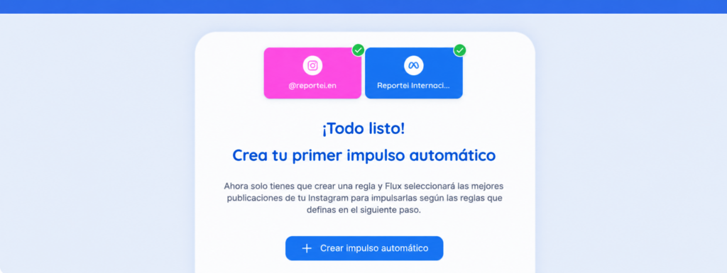 Pantalla de confirmación de impulsos automáticos en Instagram con Reportei Flux