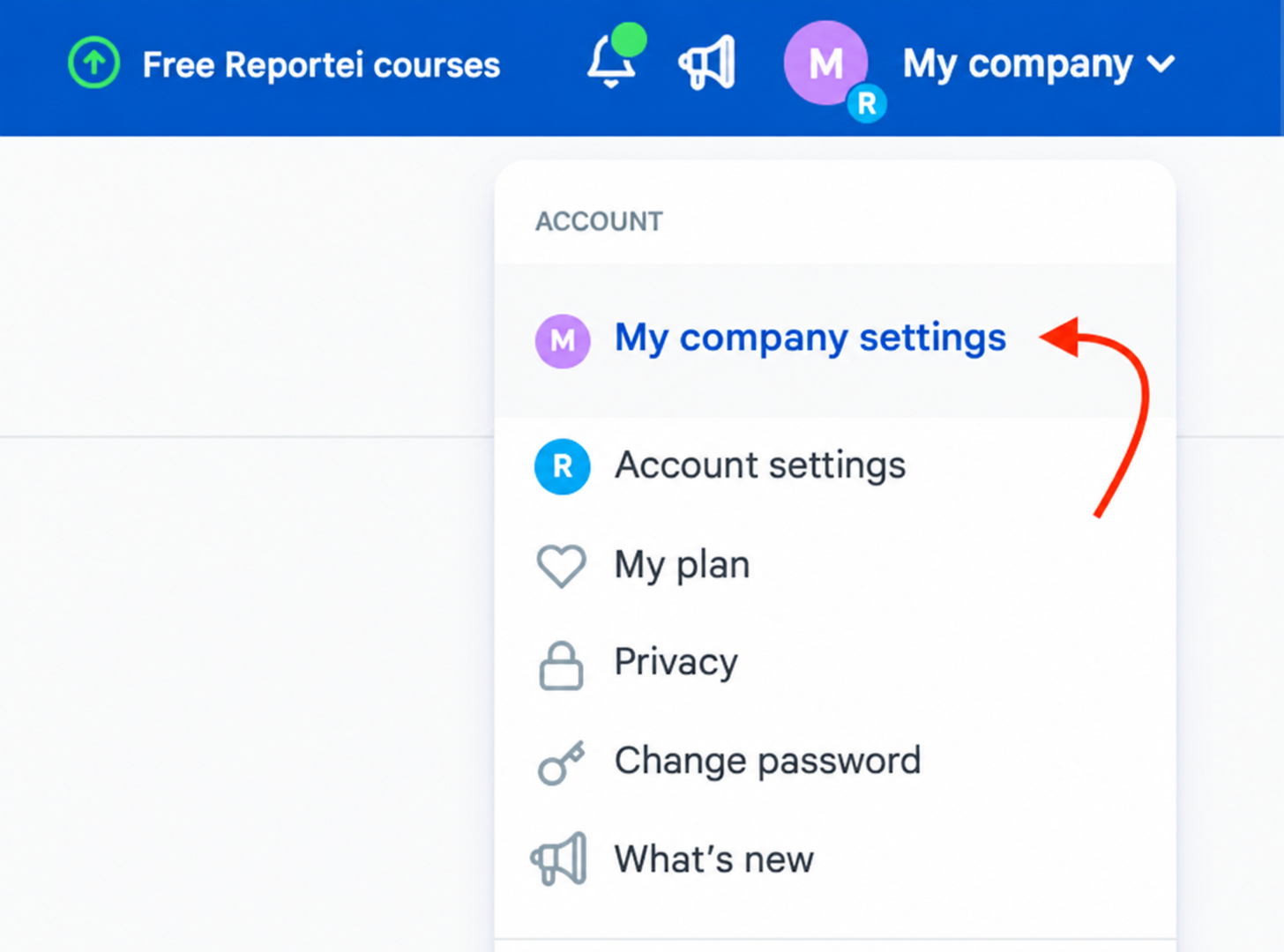 Company settings menu in Reportei