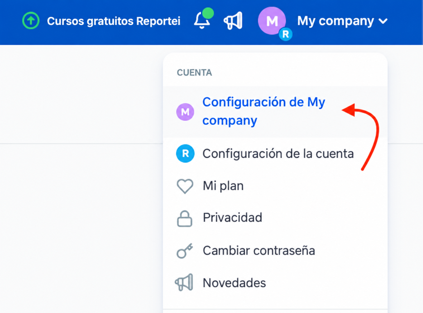 Menú de configuración de la empresa en Reportei