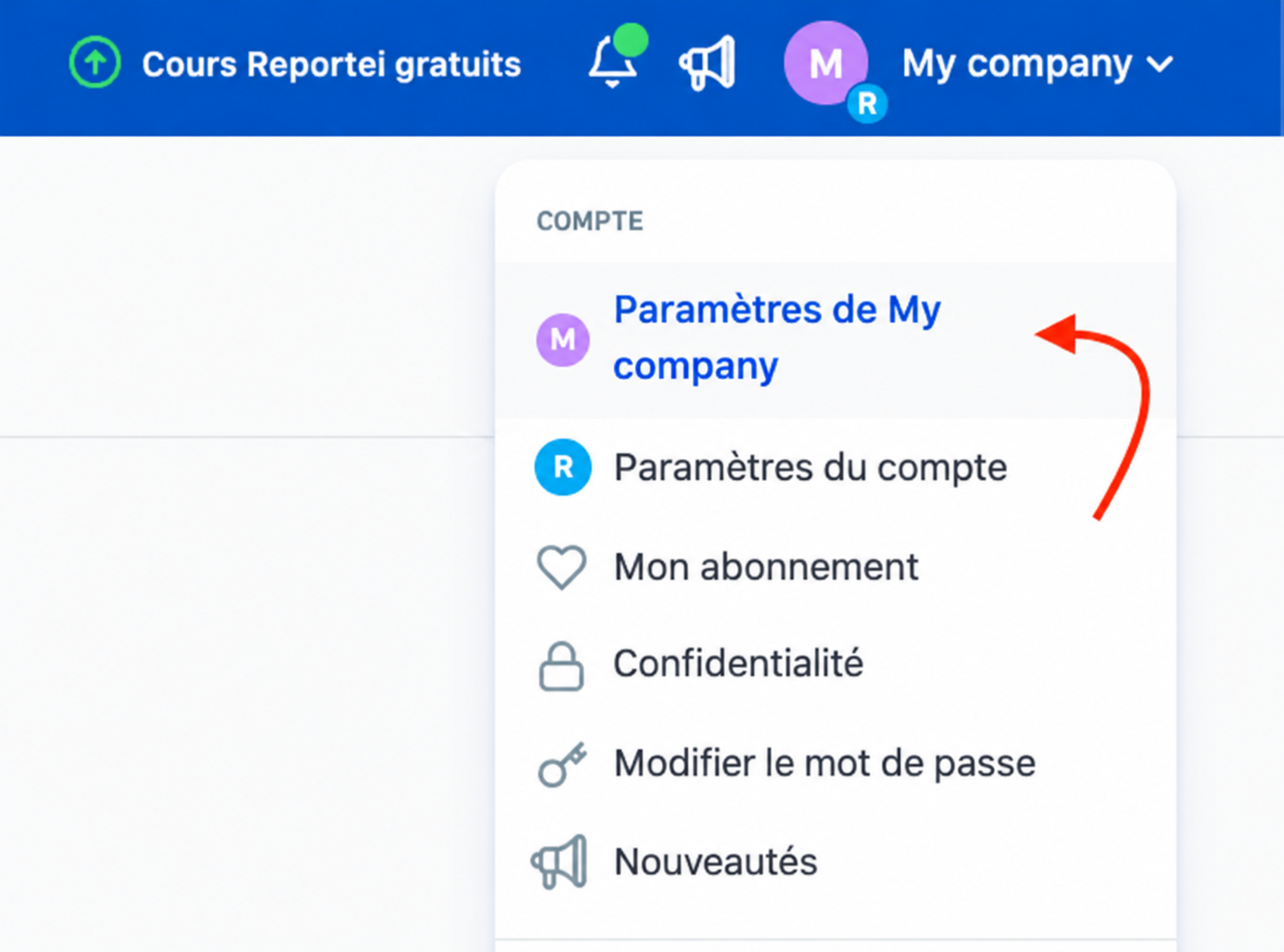 Menu des paramètres de l’entreprise dans Reportei