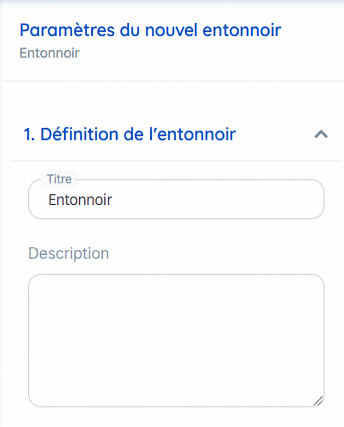 Paramètres du nouvel entonnoir avec champs de titre et de description.
