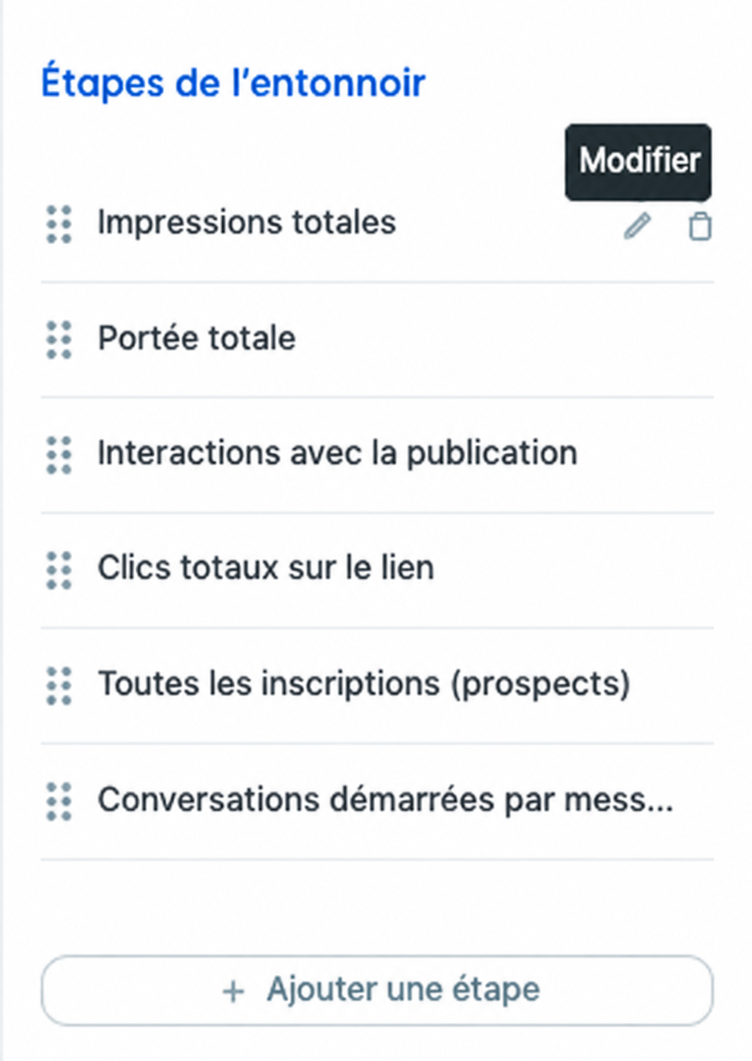 Étapes de l’entonnoir avec commandes de modification et de réorganisation.