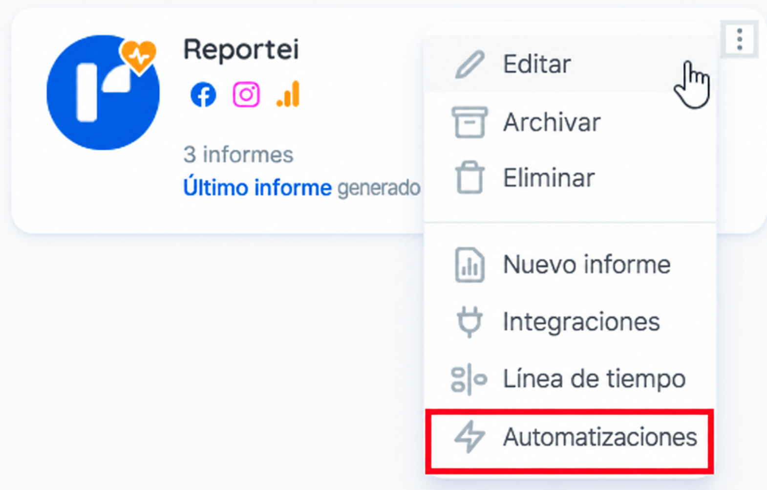 Menú del proyecto con Automatizaciones resaltado.