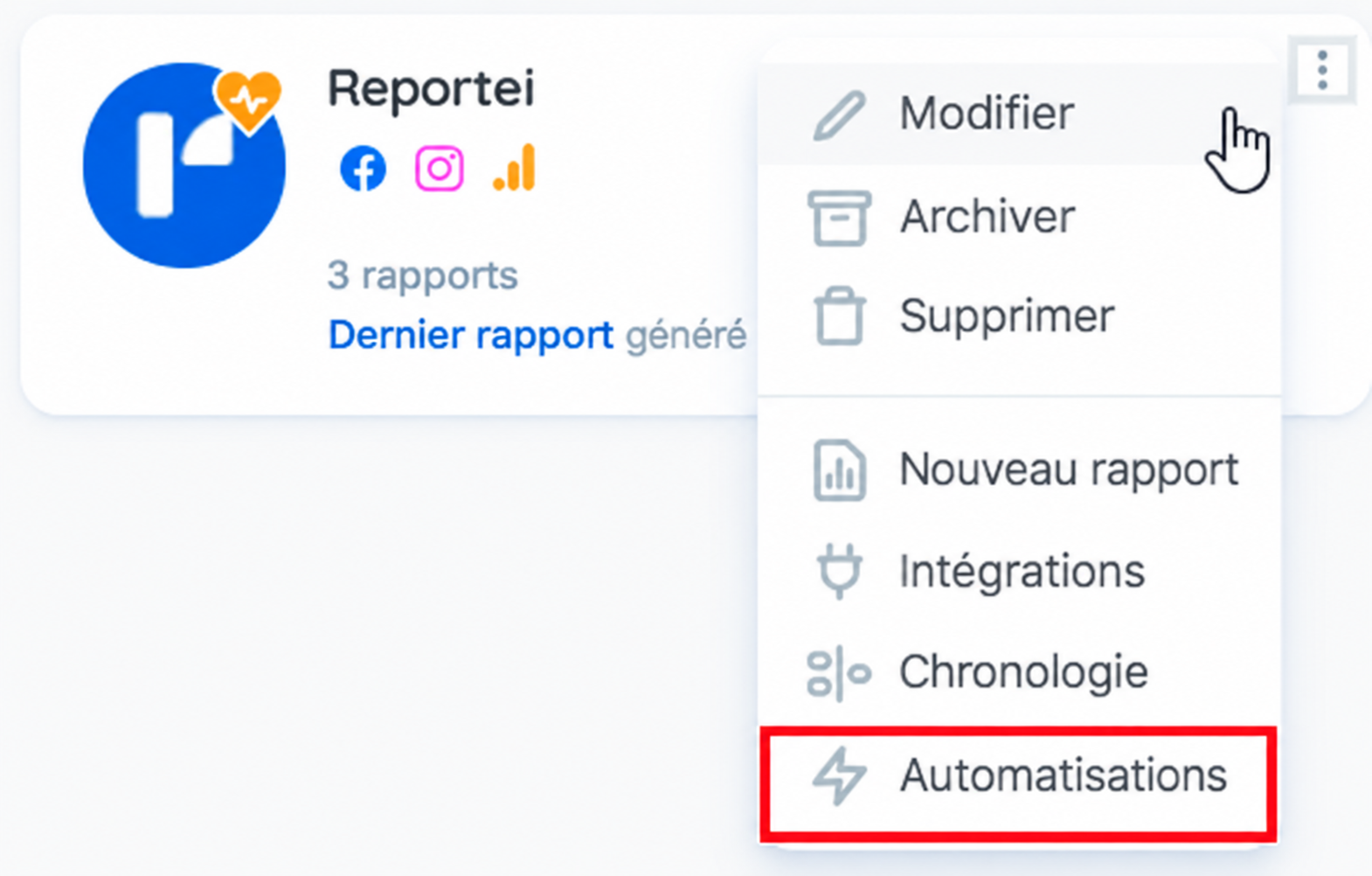 Menu du projet avec Automatisations en surbrillance.