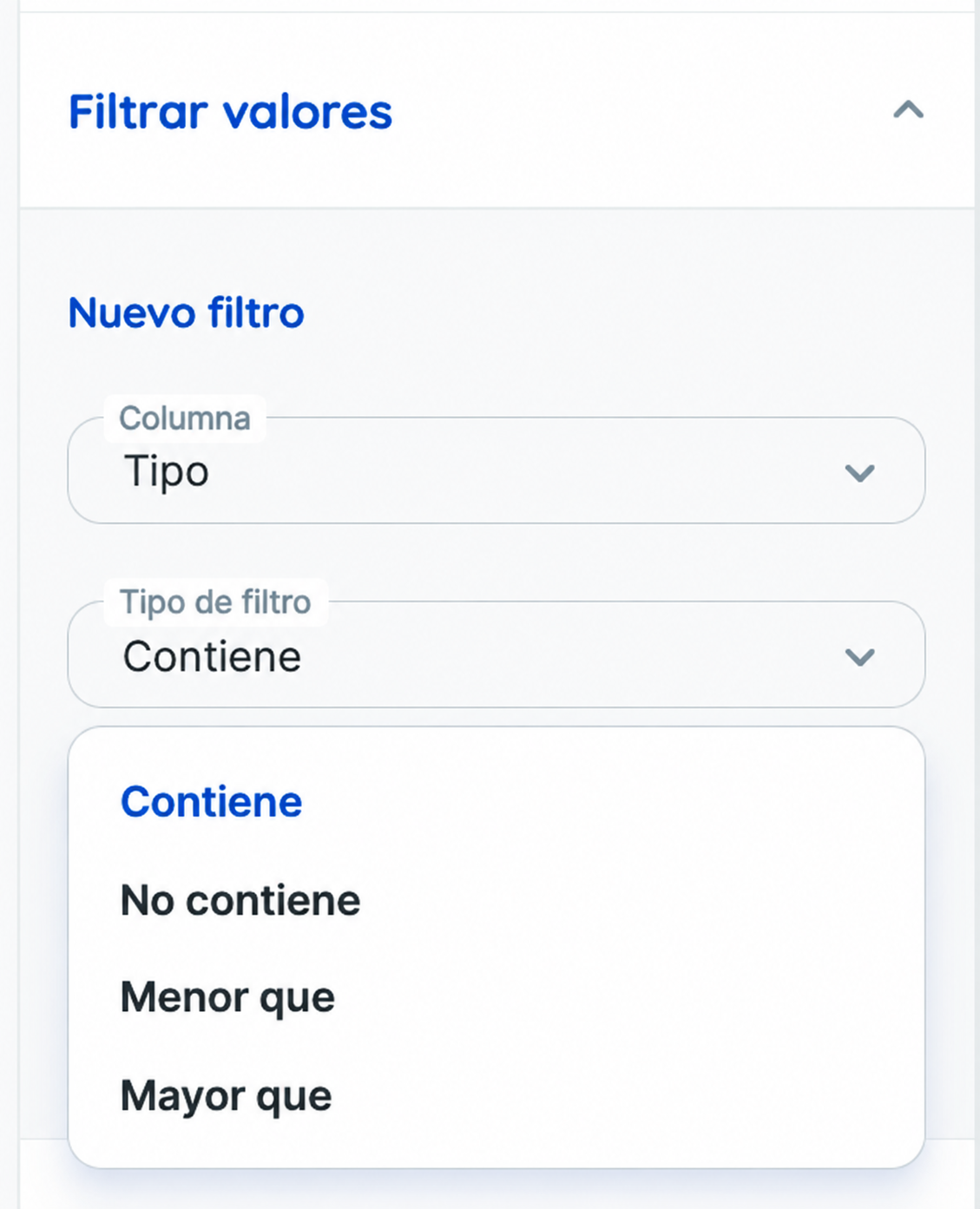 Opciones de filtro de tablas en Reportei