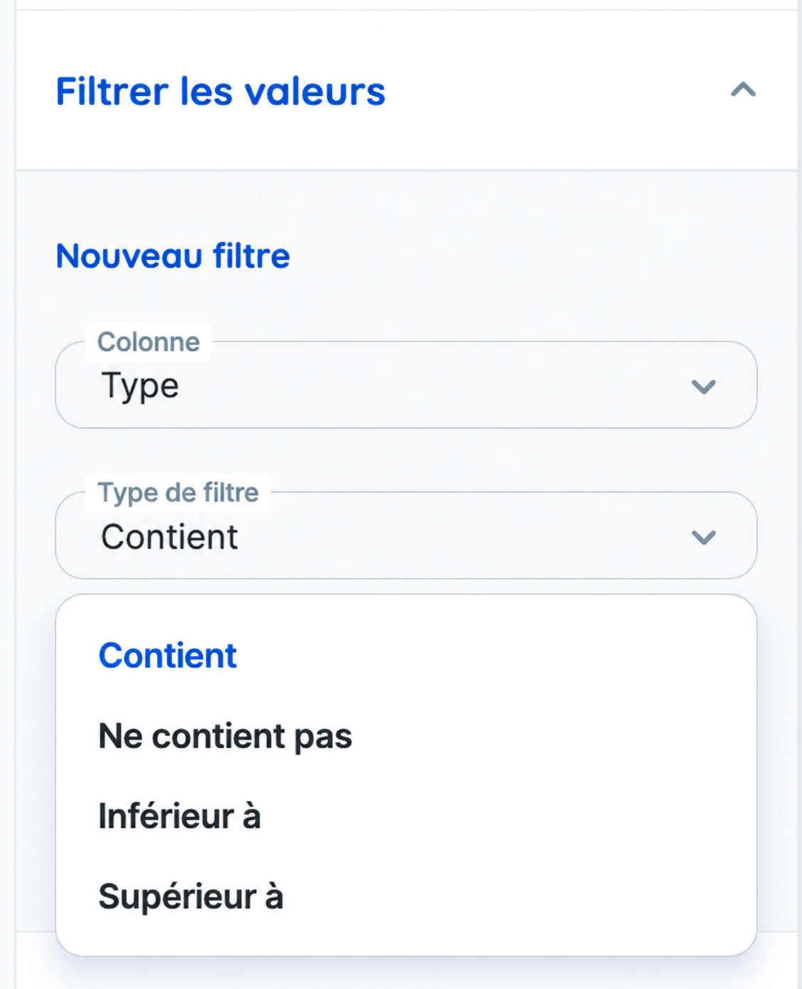 Options de filtrage des tableaux dans Reportei