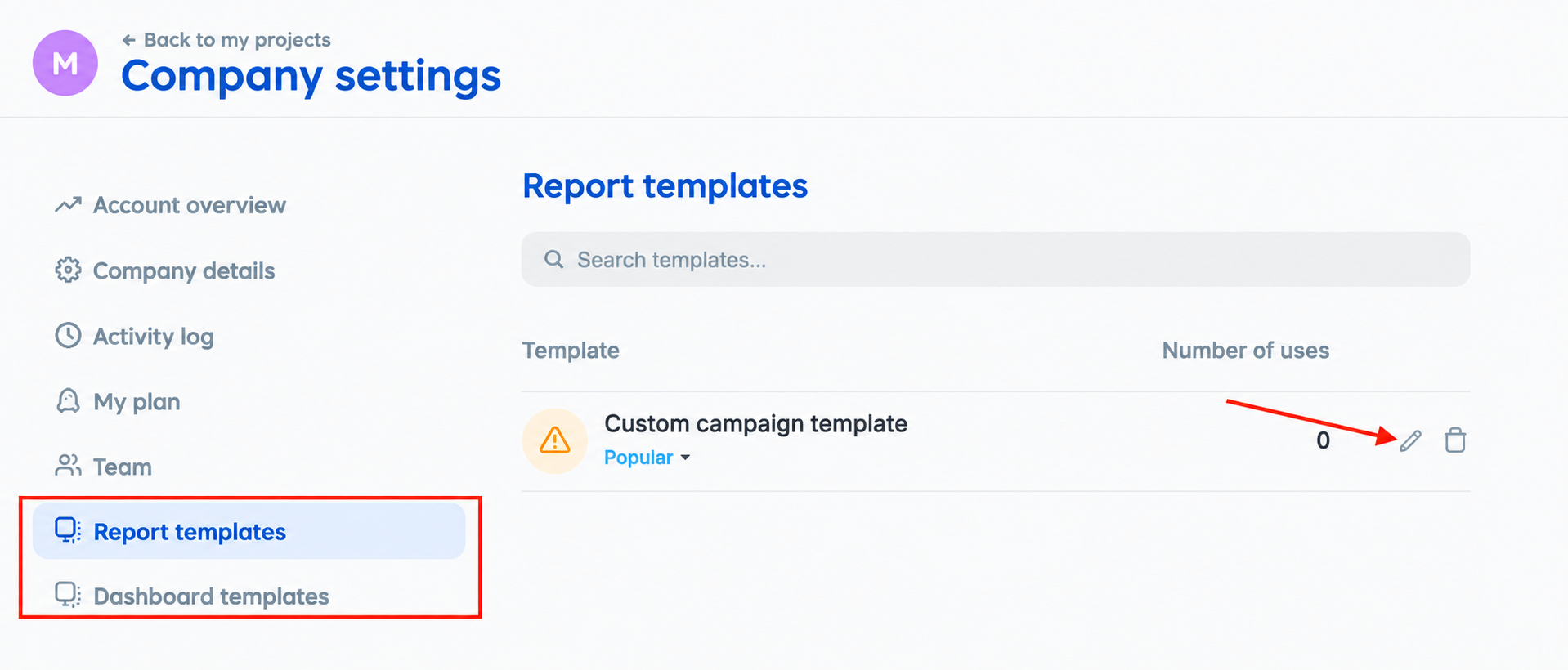 Edit or delete a saved report template in Reportei