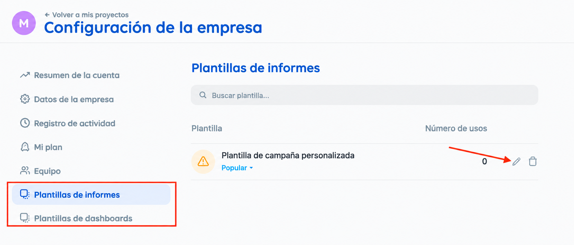 Editar o eliminar una plantilla de informe guardada en Reportei