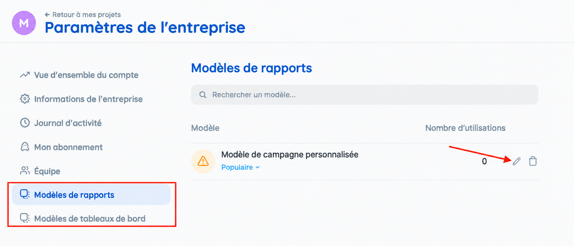 Modifier ou supprimer un modèle de rapport enregistré dans Reportei